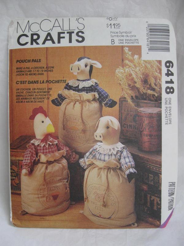 New Vintage McCall's Crafts 6418 Pouch Pals Chicken Cow Pig In A Gunny Sack Sewing Pattern