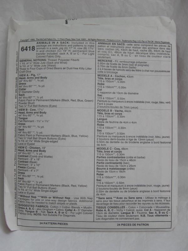 New Vintage McCall's Crafts 6418 Pouch Pals Chicken Cow Pig In A Gunny Sack Sewing Pattern