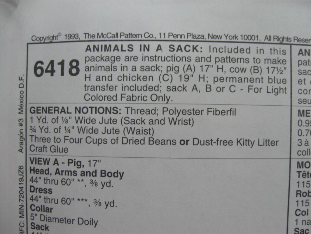 New Vintage McCall's Crafts 6418 Pouch Pals Chicken Cow Pig In A Gunny Sack Sewing Pattern