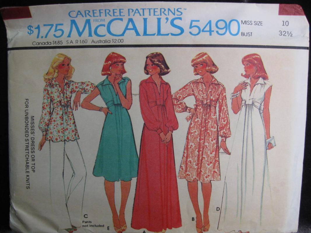 New Vintage McCall's 5490 Misses' Dress or Top Sewing Pattern 1970's