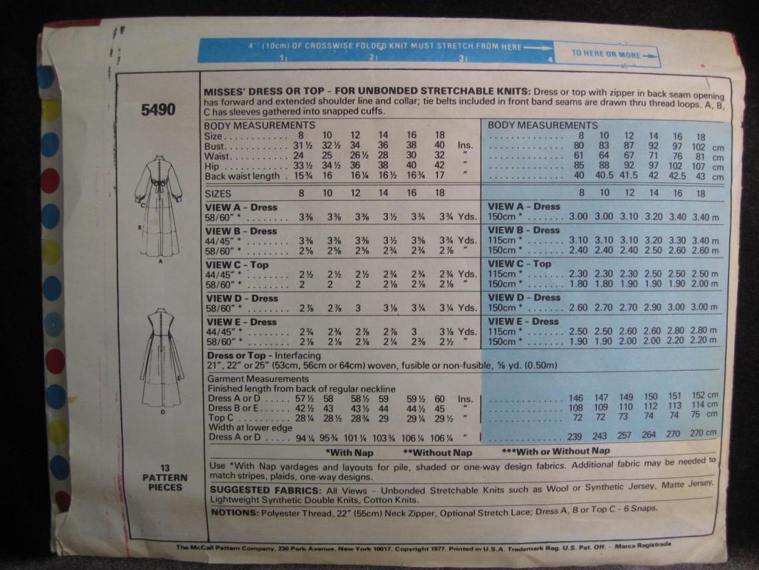 New Vintage McCall's 5490 Misses' Dress or Top Sewing Pattern 1970's