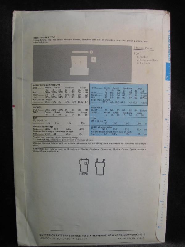 Vintage Butterick Tie OnThe Casual Cover Up Top Misses' Sewing Pattern Size Small
