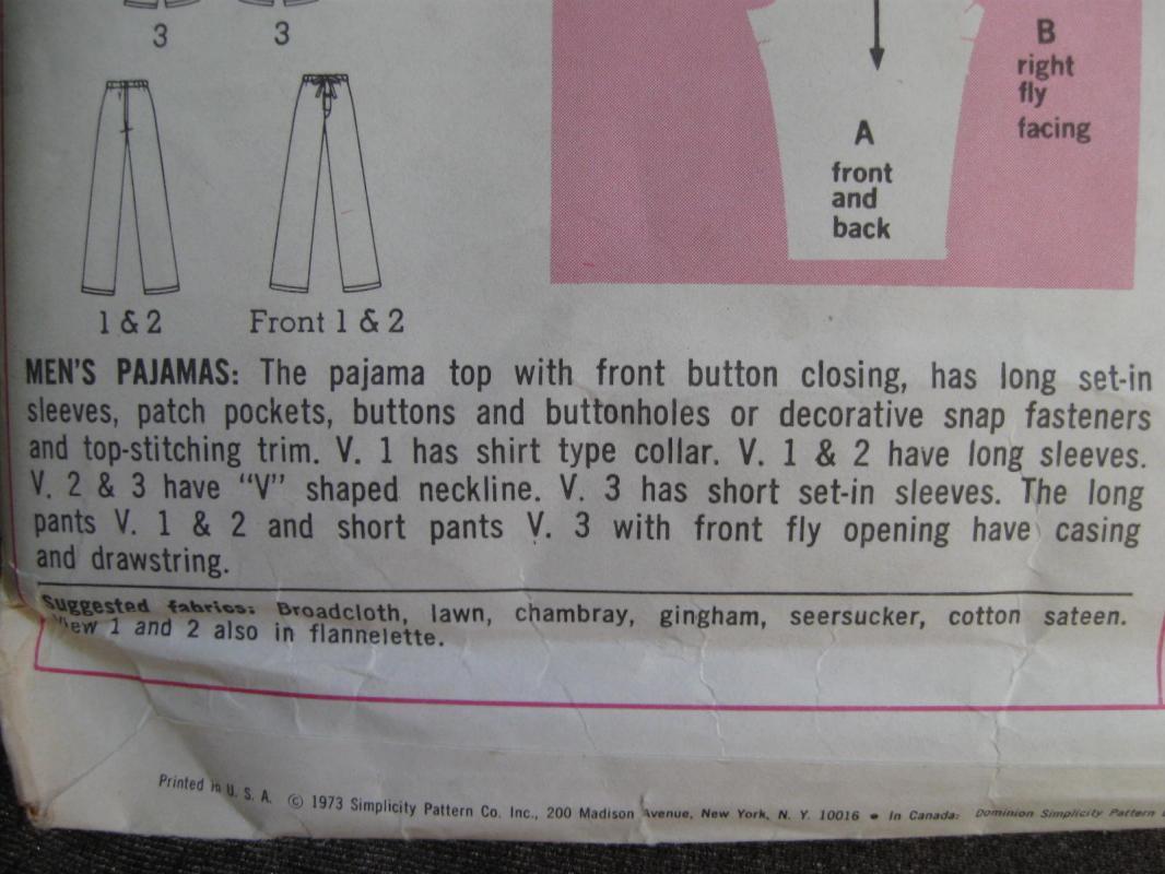 New Vintage Simplicity Men's Pajamas' Sewing Pattern Size Medium 1970's