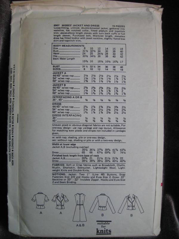 New Vogue 8907 Misses' Jacket & Dress Sewing Pattern Misses' Size 14 1970's