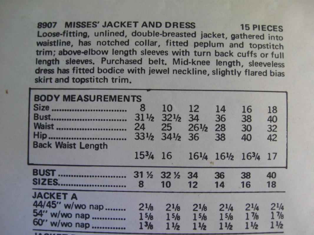 New Vogue 8907 Misses' Jacket & Dress Sewing Pattern Misses' Size 14 1970's