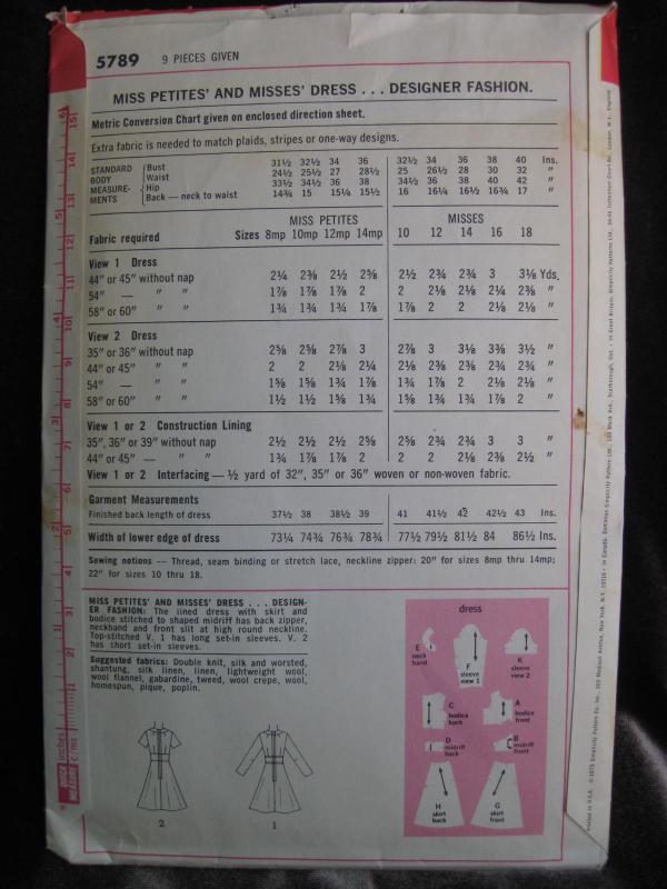 New Simplicity 5789 Misses' Dress Sewing Pattern Misses' Size 12 1970's