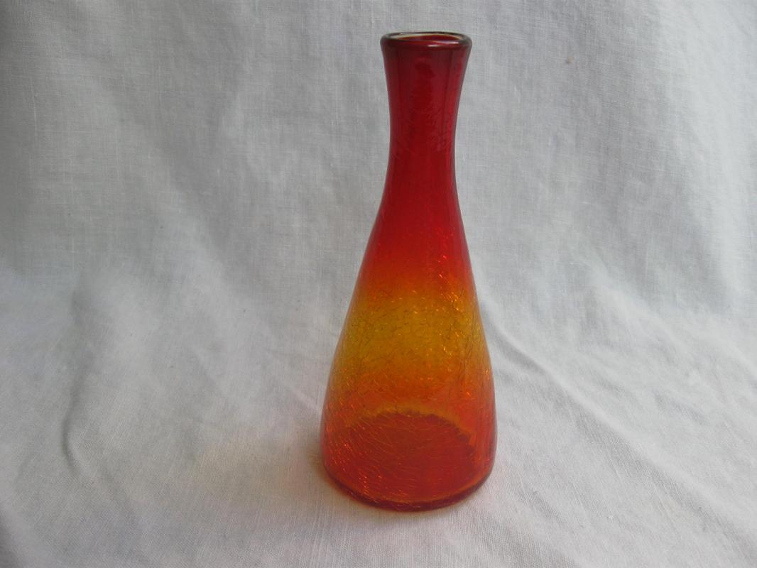 Vintage Orange & Yellow Hand Blown Crackle Glass Vase