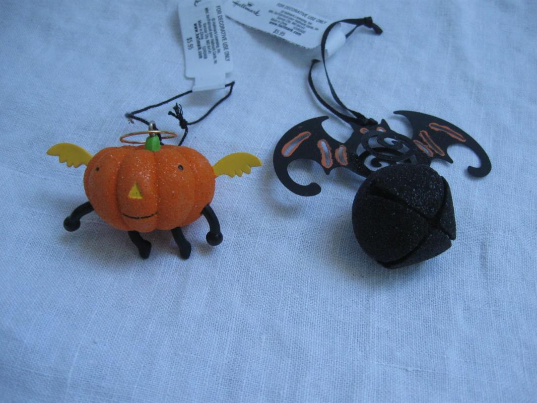 Hallmark 2013 Jack O Lantern & Bat With Bell 2 Halloween Ornaments