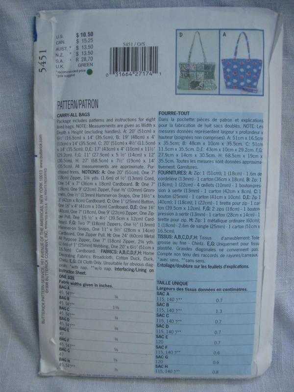 New Butterick 5451 Cary All Bags Purses Sewing Pattern