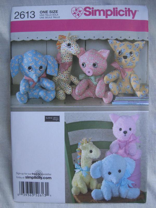 New Simplicity 2613 Elephant Giraffe Pig Cat Pony Cat Stuffed Animals Sewing Pattern