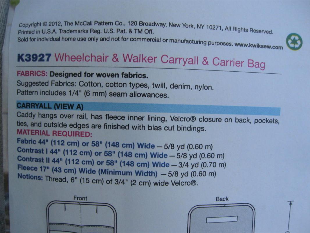 New Kwik Sew K3927 3927 Wheelchair & Walker Carryall & Carrier Bag Sewing Pattern