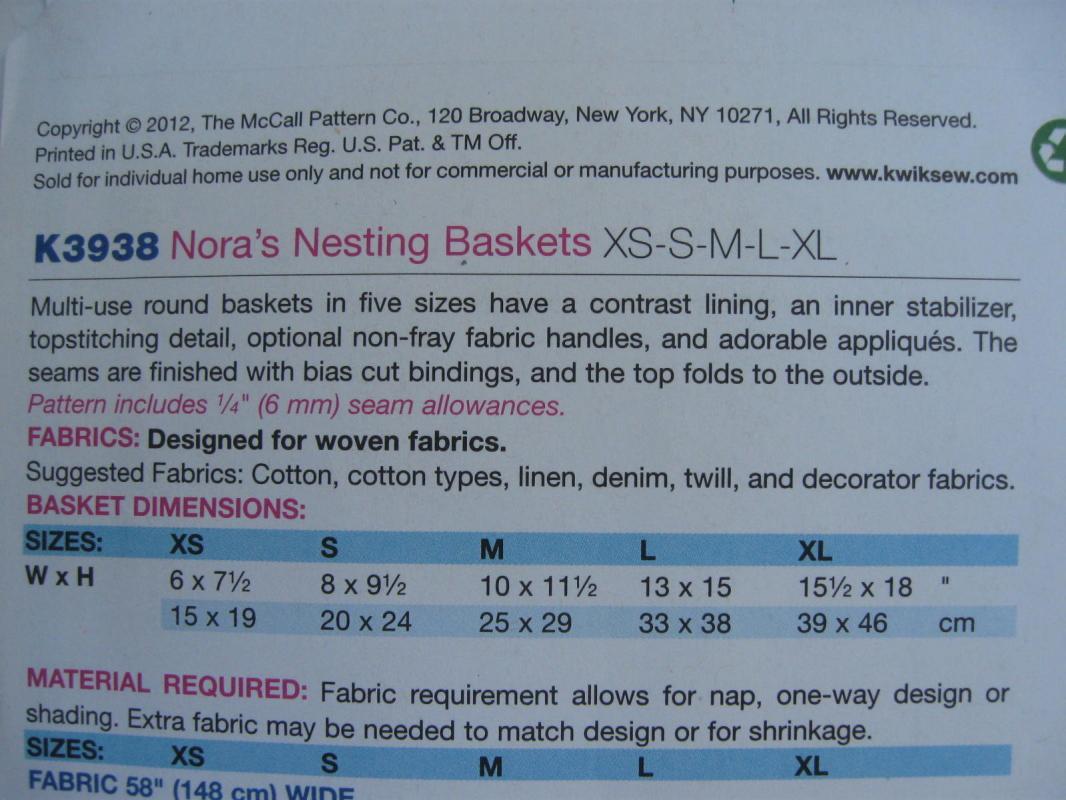 New Kwik Sew K3938 3938 Nora's Nesting Baskets In 5 Sizes Sewing Pattern