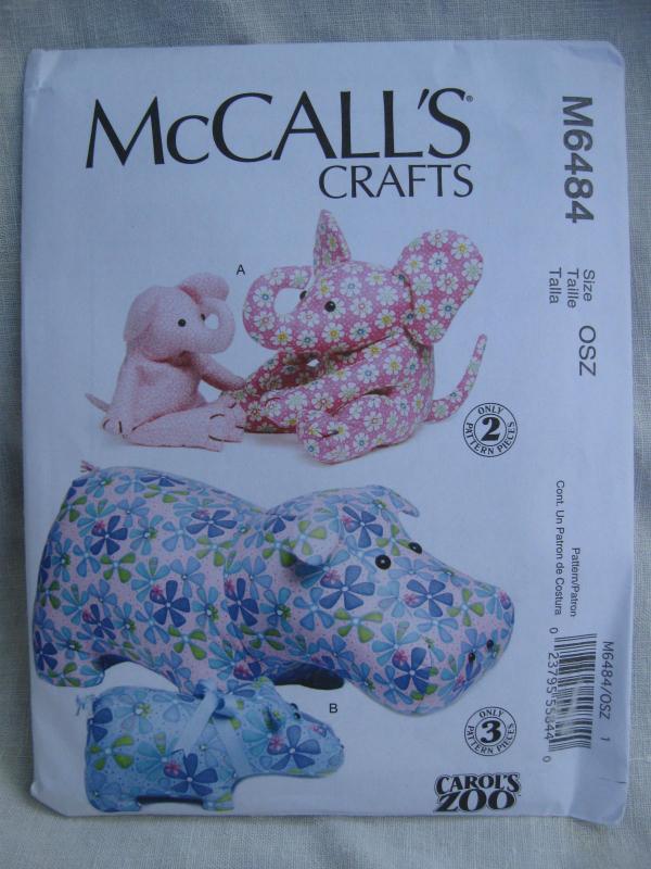 New McCall's Crafts M6484 6484 Hippo & Elephant Stuffed Animal Toys Sewing Pattern