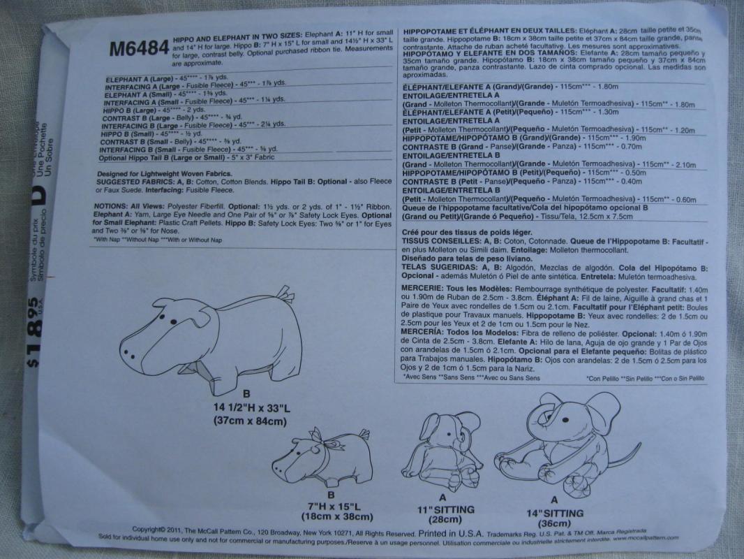 New McCall's Crafts M6484 6484 Hippo & Elephant Stuffed Animal Toys Sewing Pattern