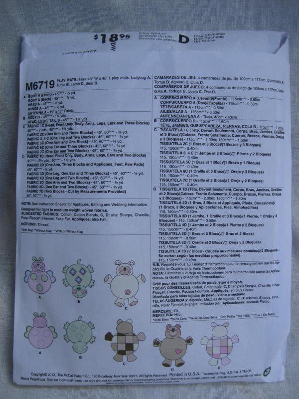 New McCall's Crafts M6719 6719 Child's Bear Lamb Turtle Ladybug Play Mats Rugs Sewing Pattern