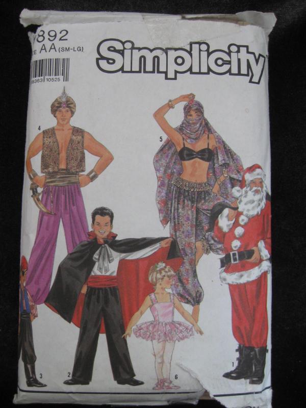 Simplicity 9892 Santa Vampire Ballerina Pirate Alladin Belly Dancer Halloween Costume Sewing Pattern S - L
