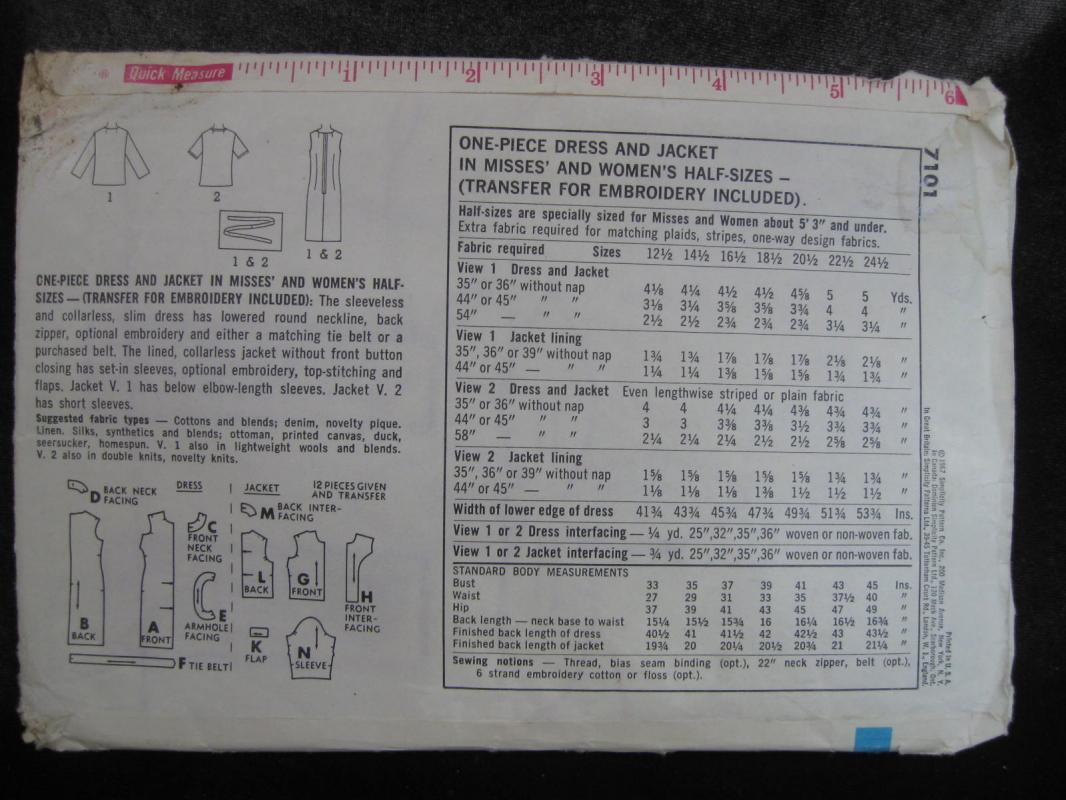 New Vintage Simplicity 7101 Women's Half Size 20 1/2 Dress & Jacket Sewing Pattern 1960's