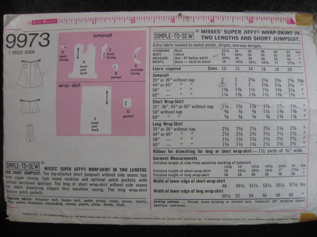 New Vintage Simplicity 9974 Misses' Jiffy Wrap Skirt & Jumpsuit Sewing Pattern 1970's