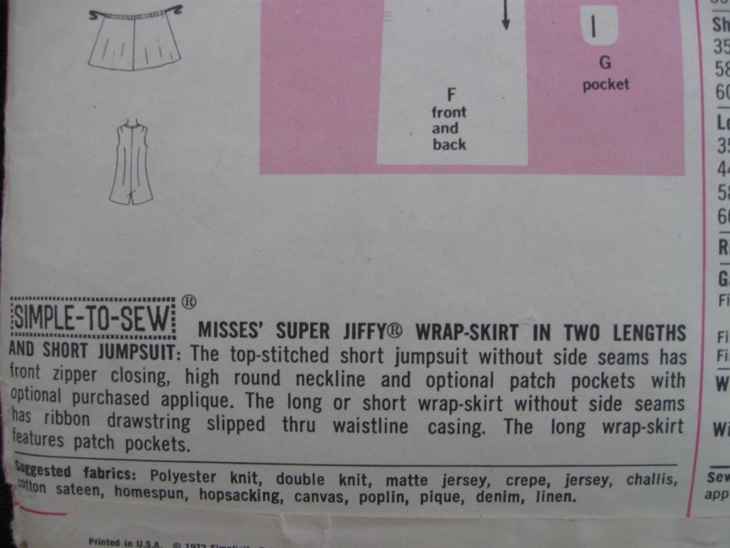 New Vintage Simplicity 9974 Misses' Jiffy Wrap Skirt & Jumpsuit Sewing Pattern 1970's