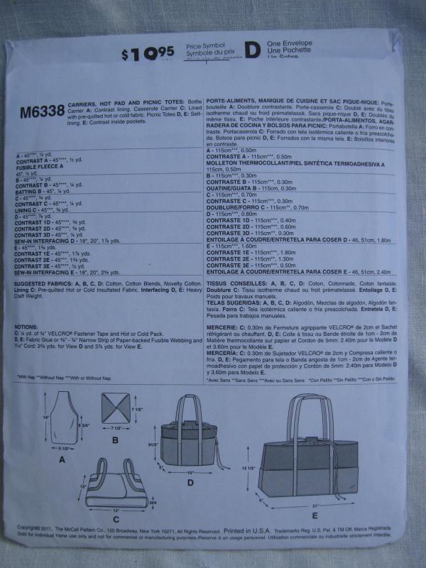 McCall's Crafts M6338 6338 Food Carriers Hot Pad & Picnic Totes Sewing Pattern