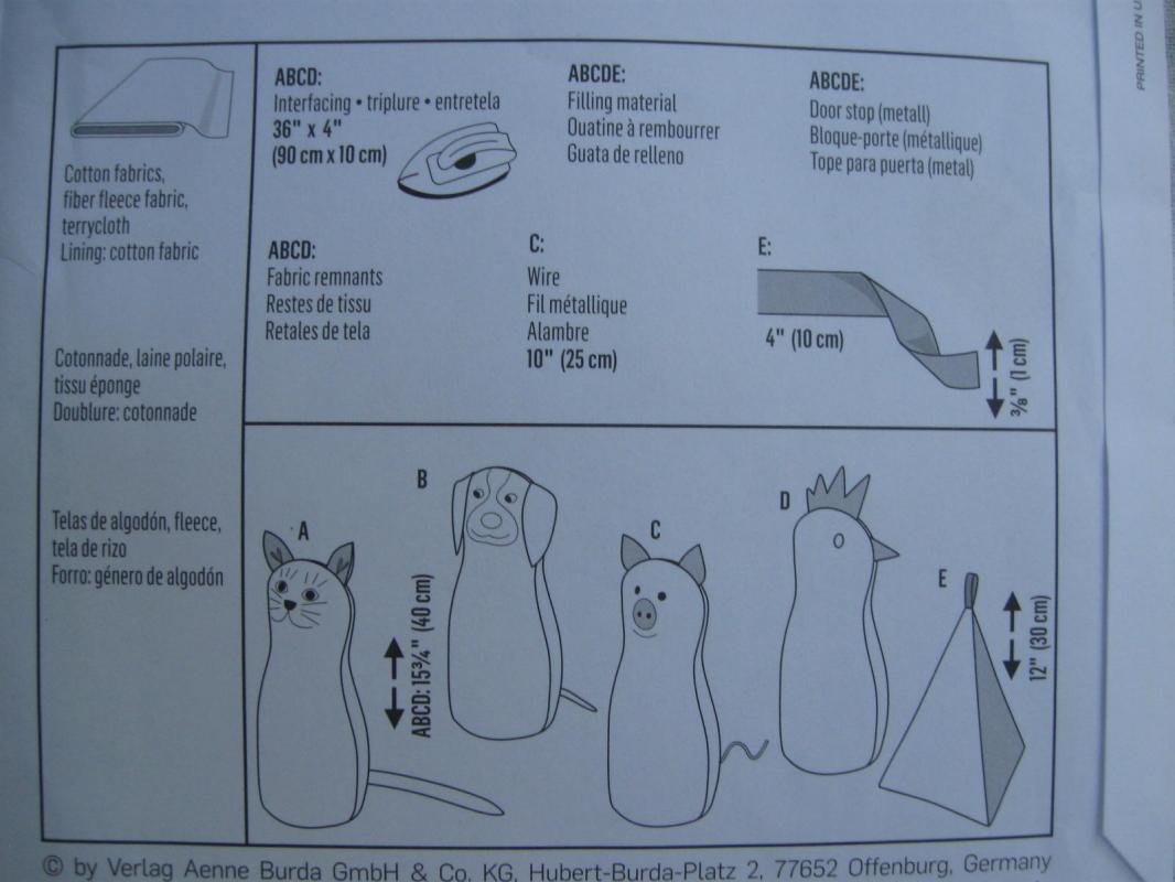 Burda Style Craft Door Stops Stoppers Cat Dog Pig Hen Pyramid Sewing Pattern
