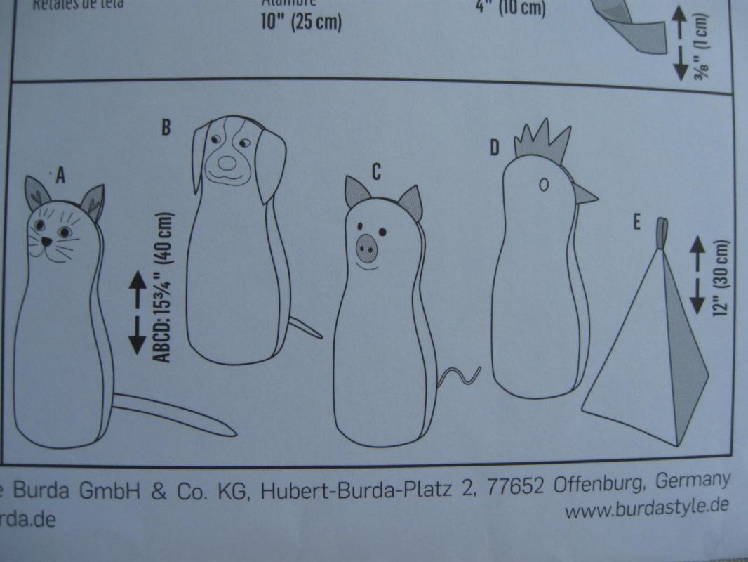 Burda Style Craft Door Stops Stoppers Cat Dog Pig Hen Pyramid Sewing Pattern