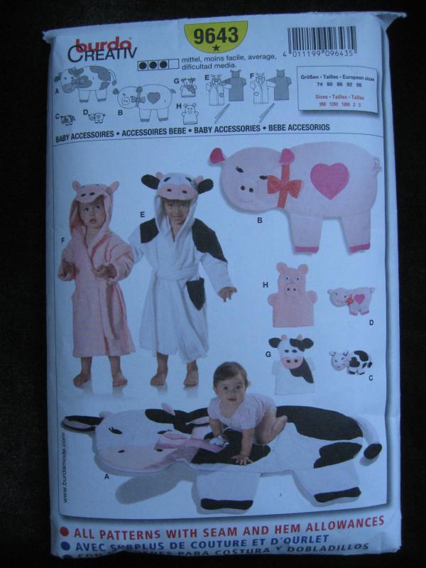 Burda 9643 Baby's Pig Cow Hooded Robe Play Mat Baby Accessories Sewing Pattern