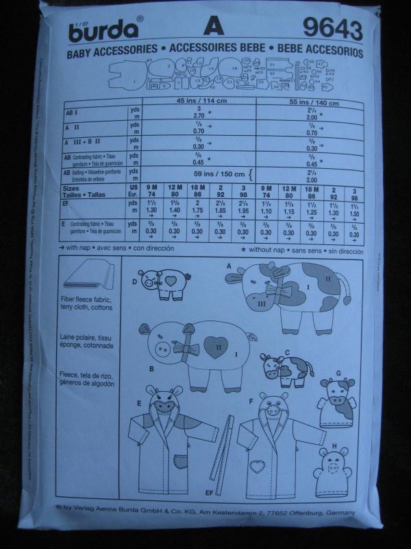 Burda 9643 Baby's Pig Cow Hooded Robe Play Mat Baby Accessories Sewing Pattern