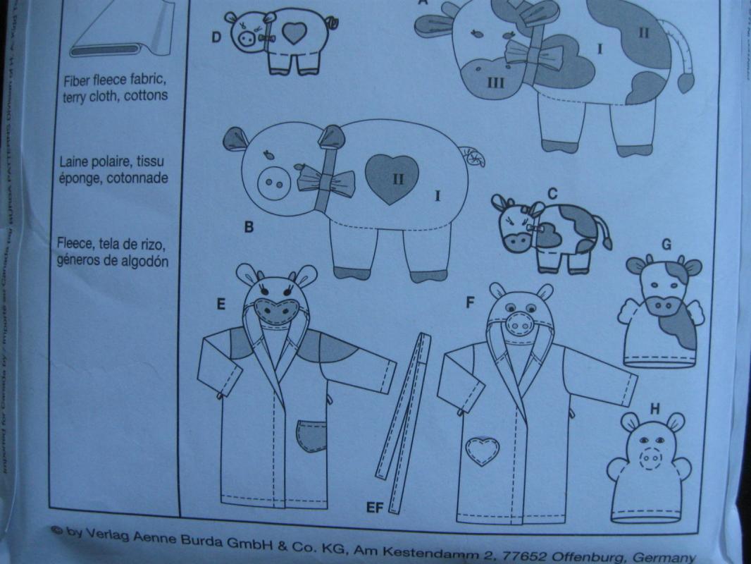 Burda 9643 Baby's Pig Cow Hooded Robe Play Mat Baby Accessories Sewing Pattern