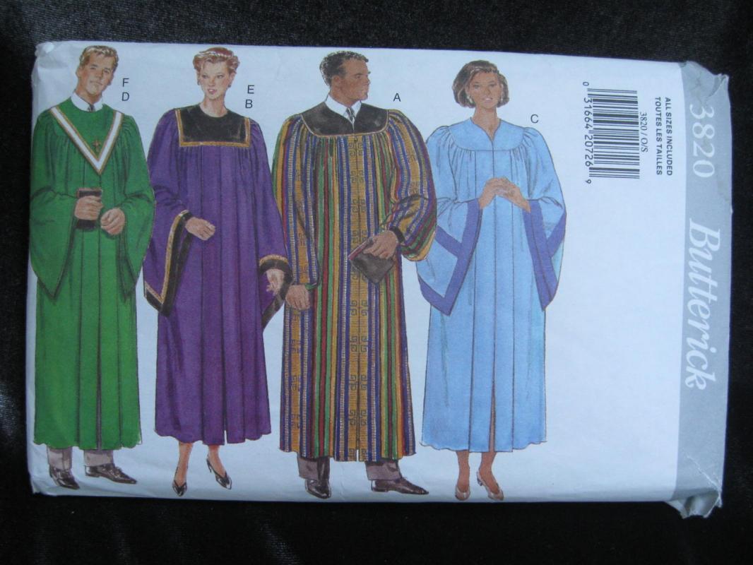 Butterick 3820 Men's Women's Minister Robe Collar Choir Sewing Pattern