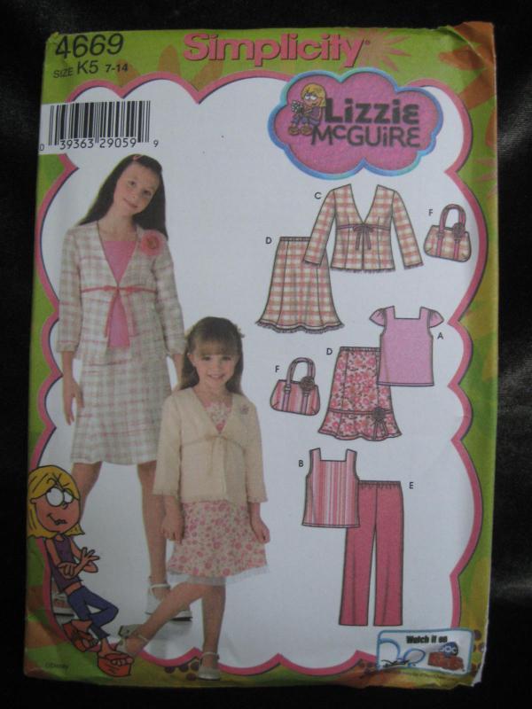 New Simplicity 4559 Girl's Lizzie McGuire Top Skirt Pants Jacket Bag Sewing Pattern Size 7 - 14