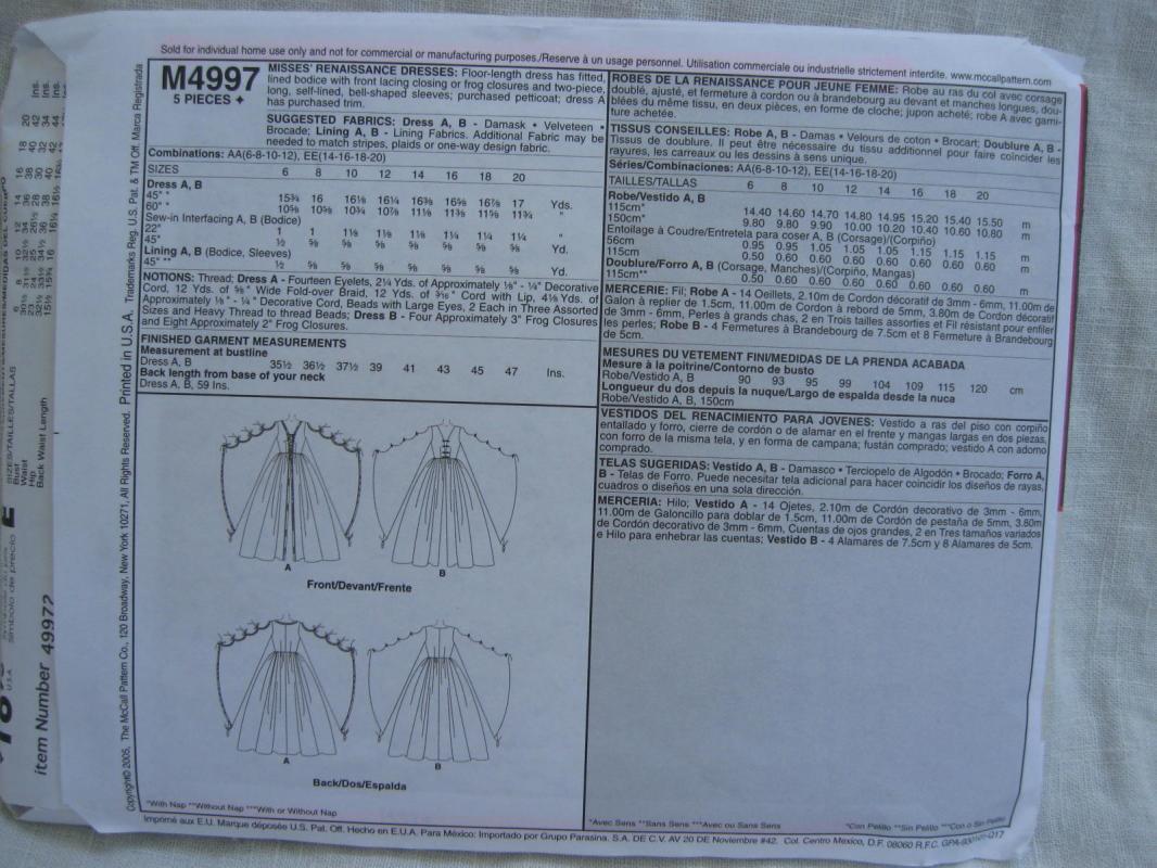 New McCalll's m4997 4997 Misses' Dress Renaissance Medieval Juliet Halloween Costume Sewing Pattern Size 14 16 18 20