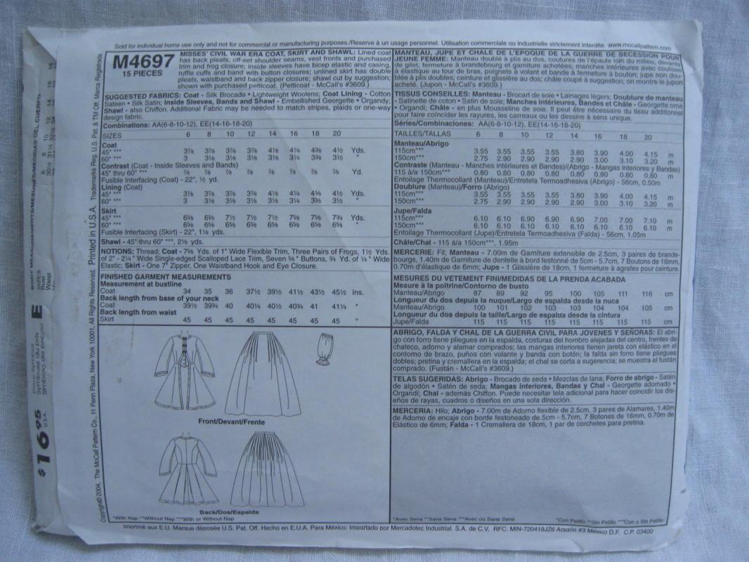 New McCall's M4697 4697 Misses' Coat Skirt Shawl Civil War Halloween Costume Sewing Pattern Size 14 16 18 20