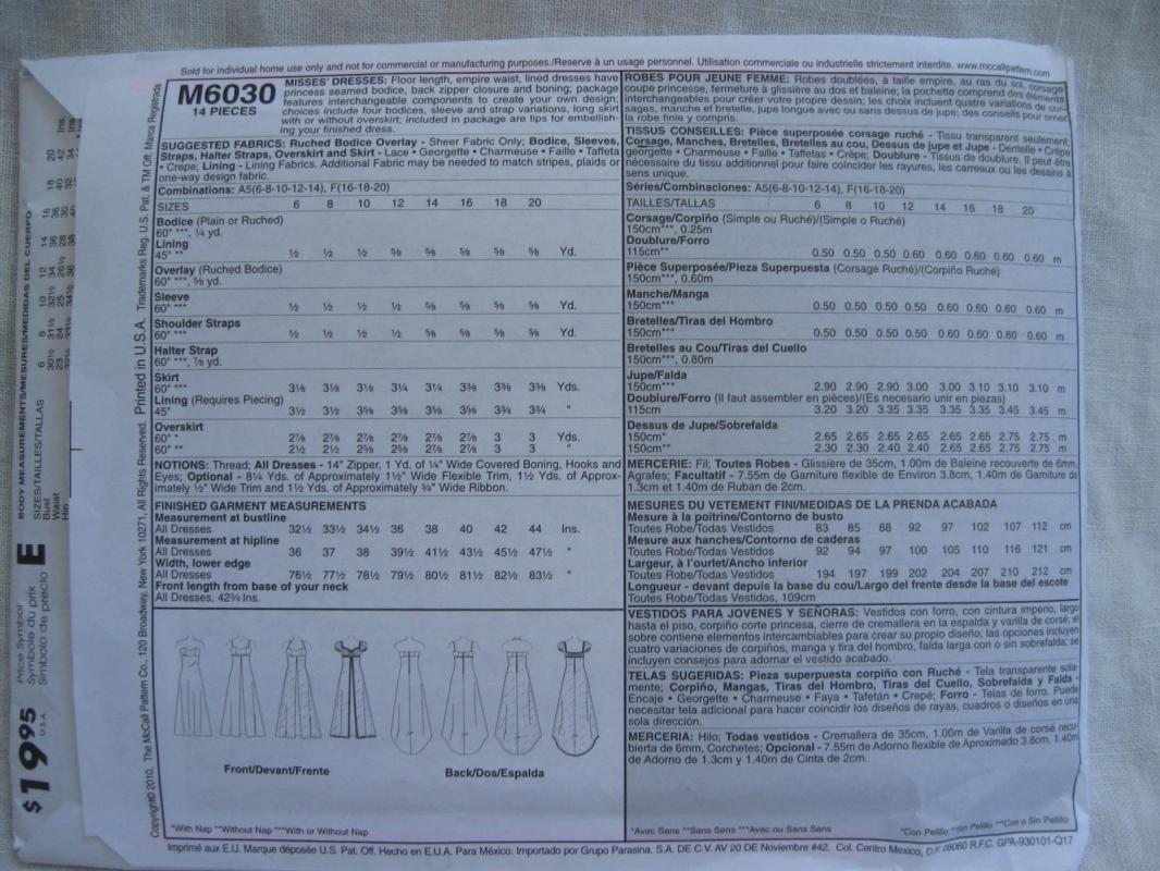New McCall's M6030 6030 Misses' Floor Length Empire Bridal Evening Prom Dress Sewing Pattern Size 6 8 10 12 14
