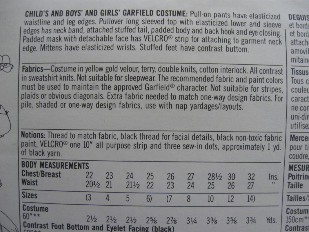 New Vintage Simplicity 9387 Boy's & Girl's Garfield Halloween Costume Sewing Pattern