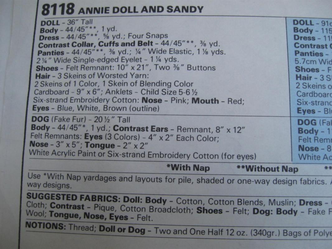 New Vintage McCall''s 8118 Little Orphan Annie & Sandy Dolls 36