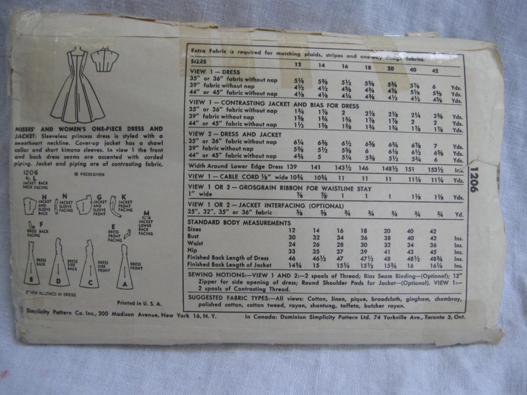Vintage Simplicity 1206 Misses' Gathered Dress Bolero Jacket Sewing Pattern 1950's Size 18