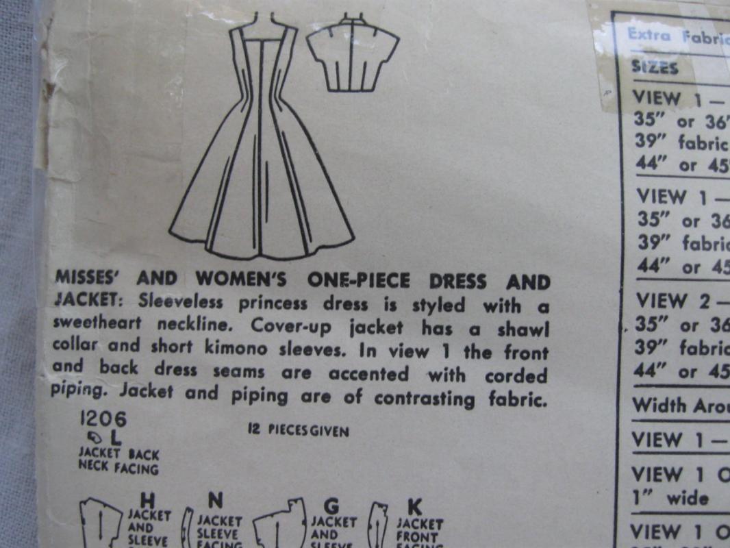 Vintage Simplicity 1206 Misses' Gathered Dress Bolero Jacket Sewing Pattern 1950's Size 18