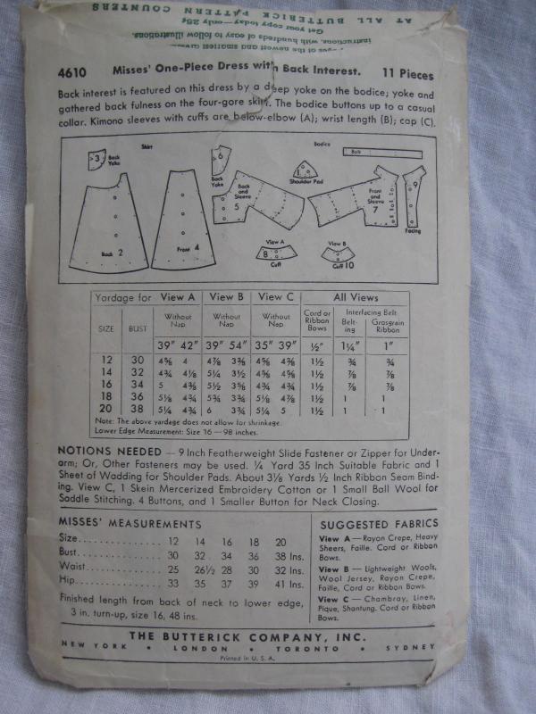Vintage Butterick 4610 Misses' One Piece Dress Sewing Pattern 1940's 1950's Size 18