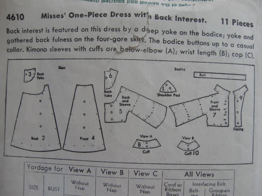 Vintage Butterick 4610 Misses' One Piece Dress Sewing Pattern 1940's 1950's Size 18