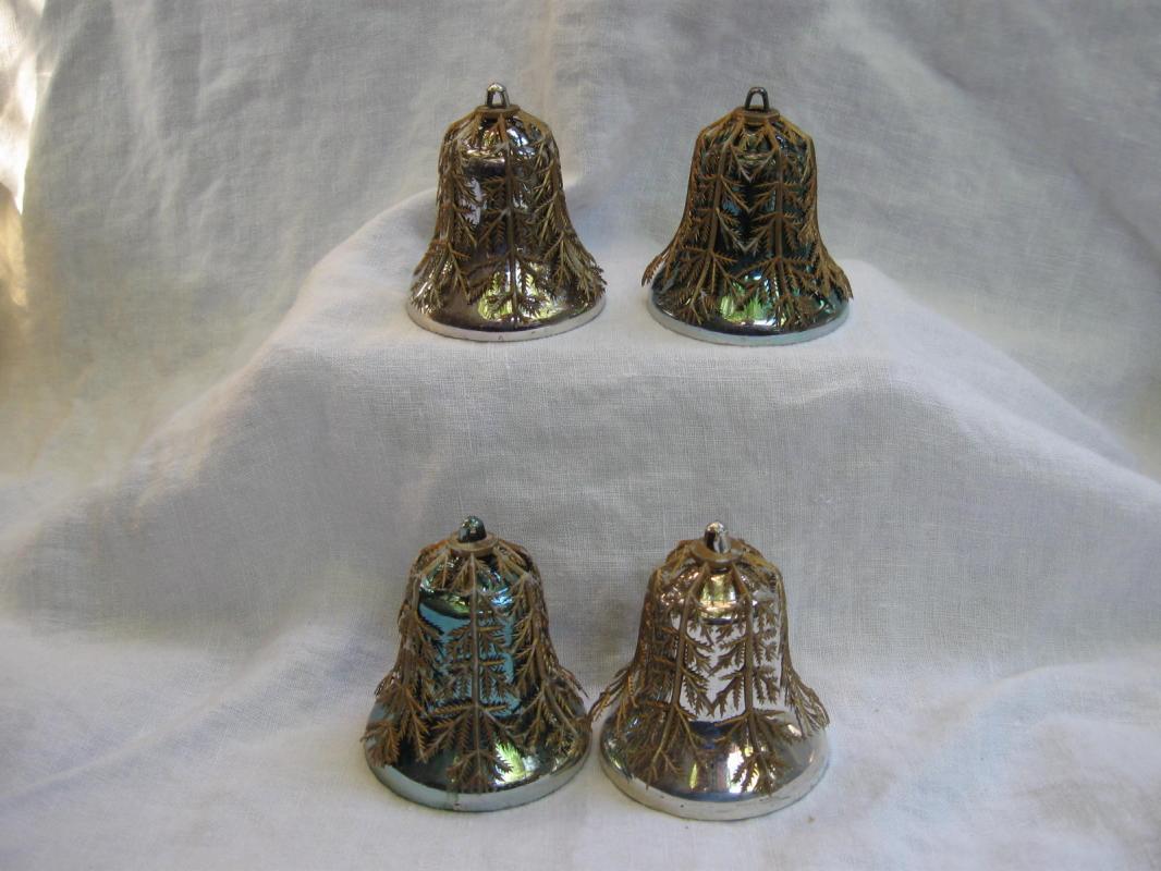 4 Vintage Plastic Bells With Filligree Covers Christmas Tree Ornaments