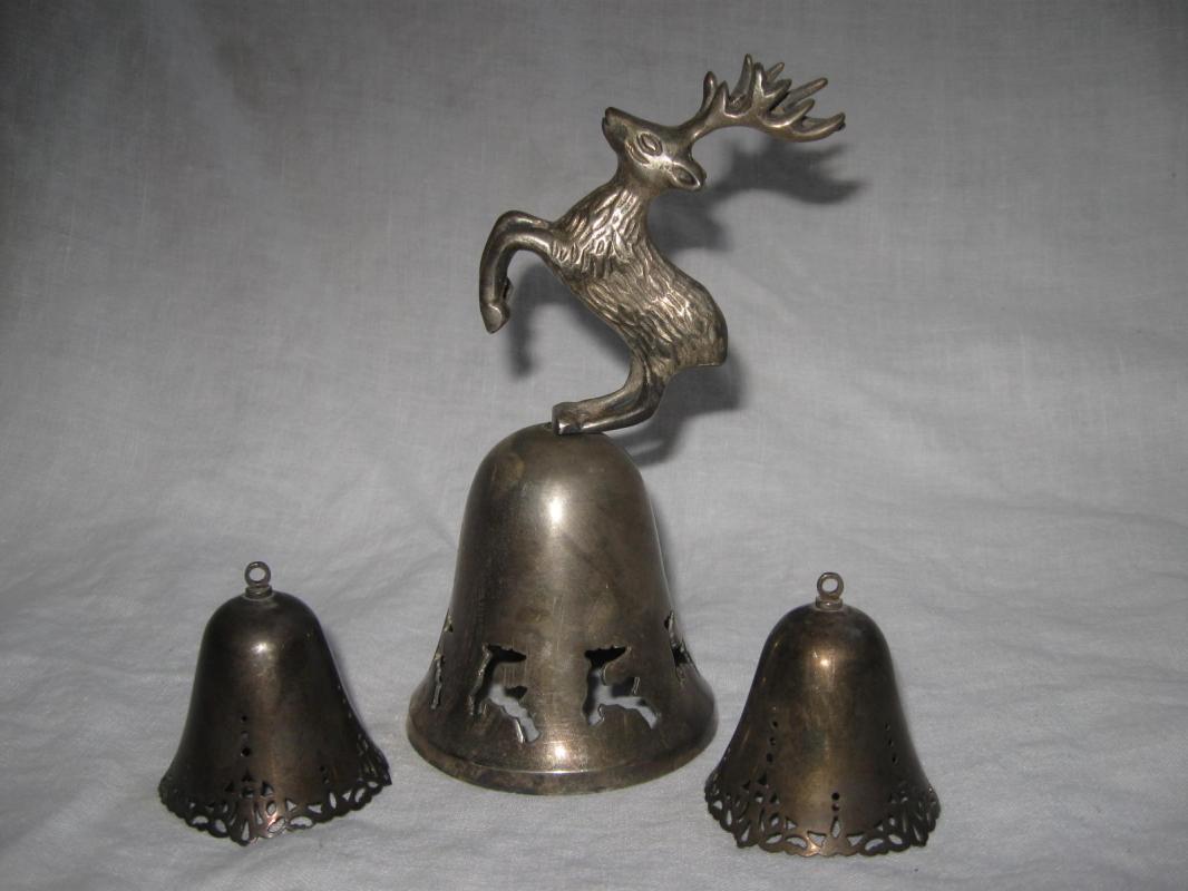 Silverplated Reindeer Filigree Bell + 2 Bell Ornaments International Silver Co.