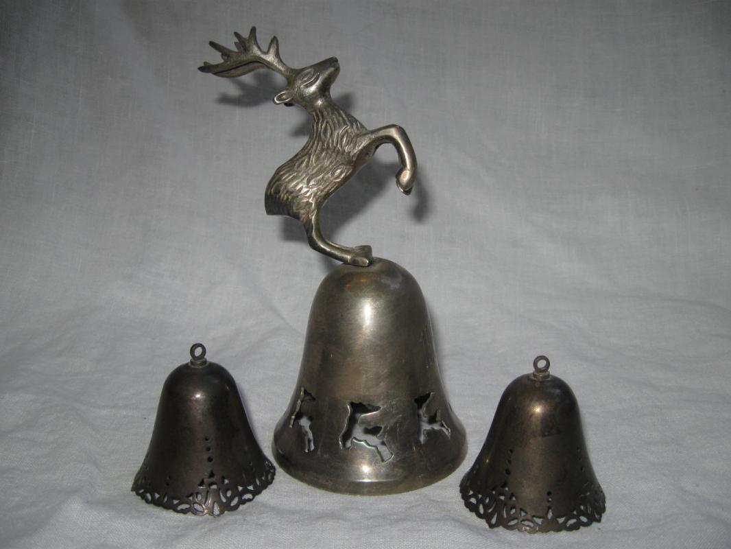 Silverplated Reindeer Filigree Bell + 2 Bell Ornaments International Silver Co.