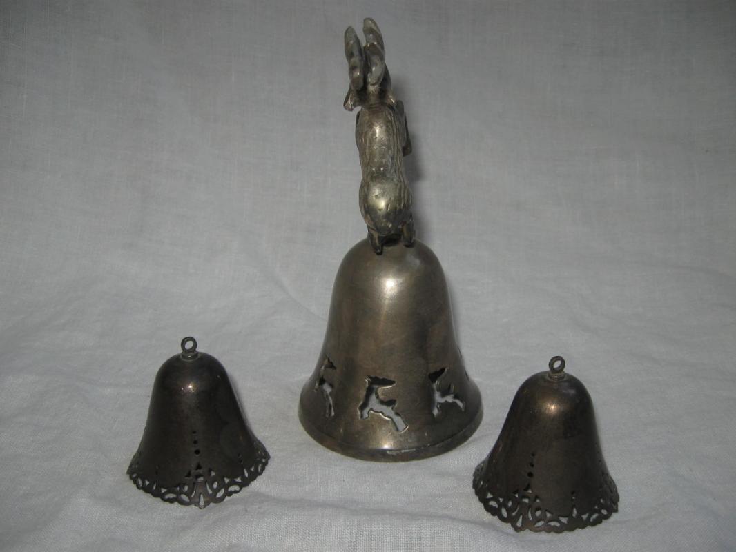 Silverplated Reindeer Filigree Bell + 2 Bell Ornaments International Silver Co.
