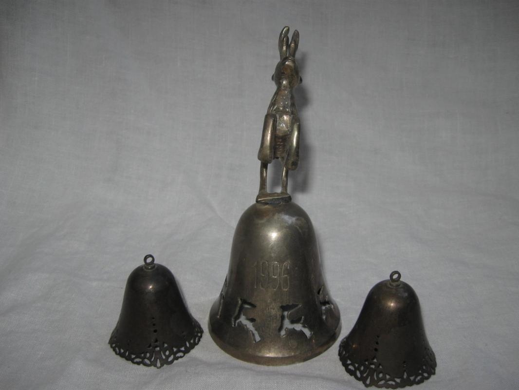 Silverplated Reindeer Filigree Bell + 2 Bell Ornaments International Silver Co.