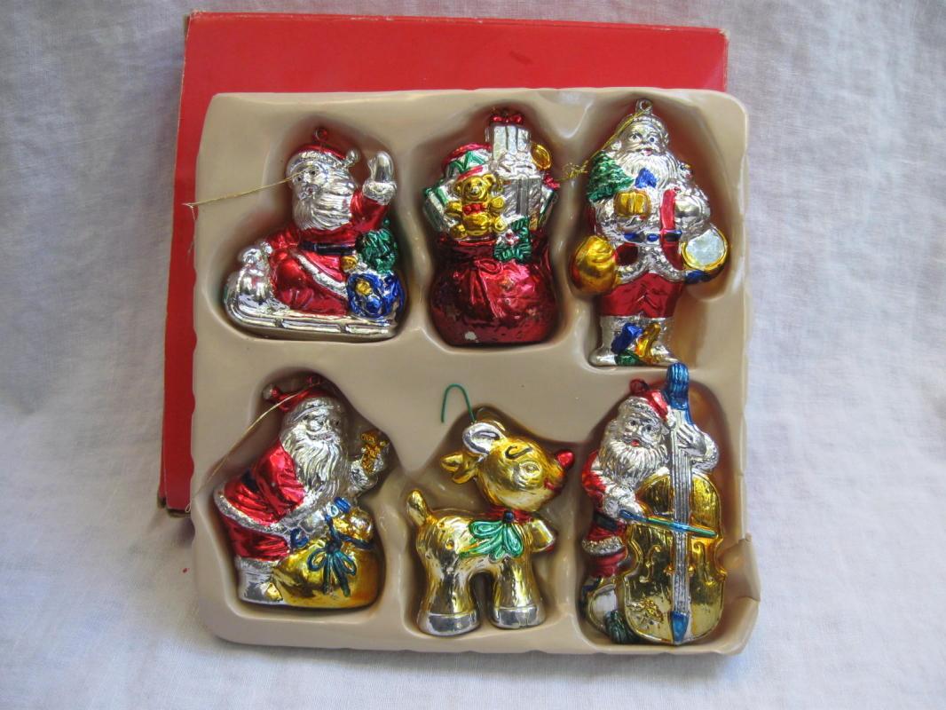 6 Vintage Red Silver Gold Painted Santa Rudolph Hard Plastic Christmas Ornaments
