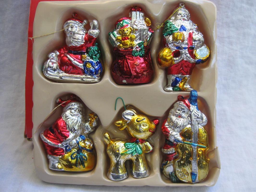 6 Vintage Red Silver Gold Painted Santa Rudolph Hard Plastic Christmas Ornaments