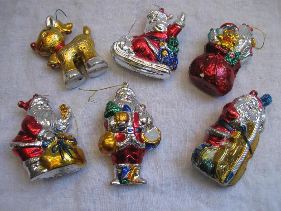 6 Vintage Red Silver Gold Painted Santa Rudolph Hard Plastic Christmas Ornaments