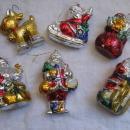 6 Vintage Red Silver Gold Painted Santa Rudolph Hard Plastic Christmas Ornaments