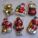 6 Vintage Red Silver Gold Painted Santa Rudolph Hard Plastic Christmas Ornaments
